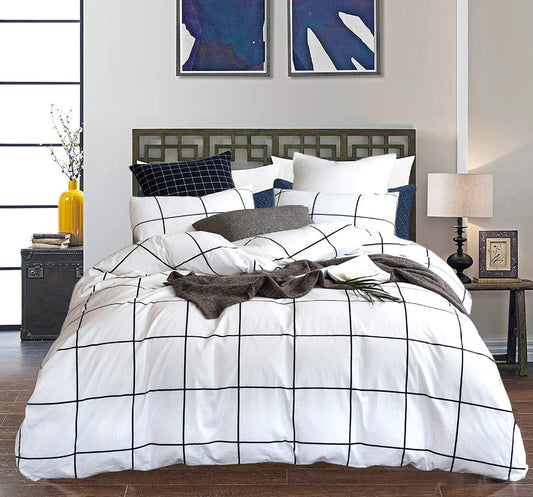 Queen Duvet Cover Set White Plaid Grid Bedding Sets White Comforter Cover Set White Duvet Cover Queen with 2 X Pillow Cases