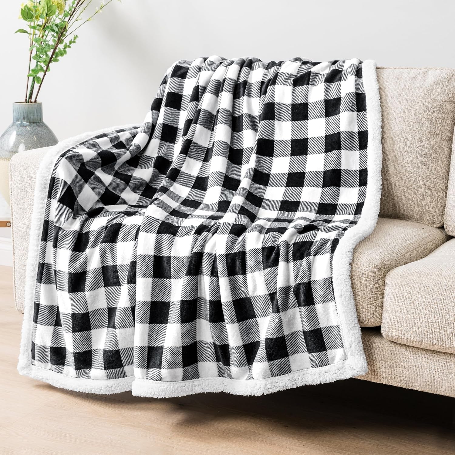 Black White Buffalo Plaid Sherpa Bed Blanket Queen, Plush Checkered Fleece, Soft Fuzzy Flannel Large for Couch Sofa, Warm Heavy Thick Winter Gift, 90X90