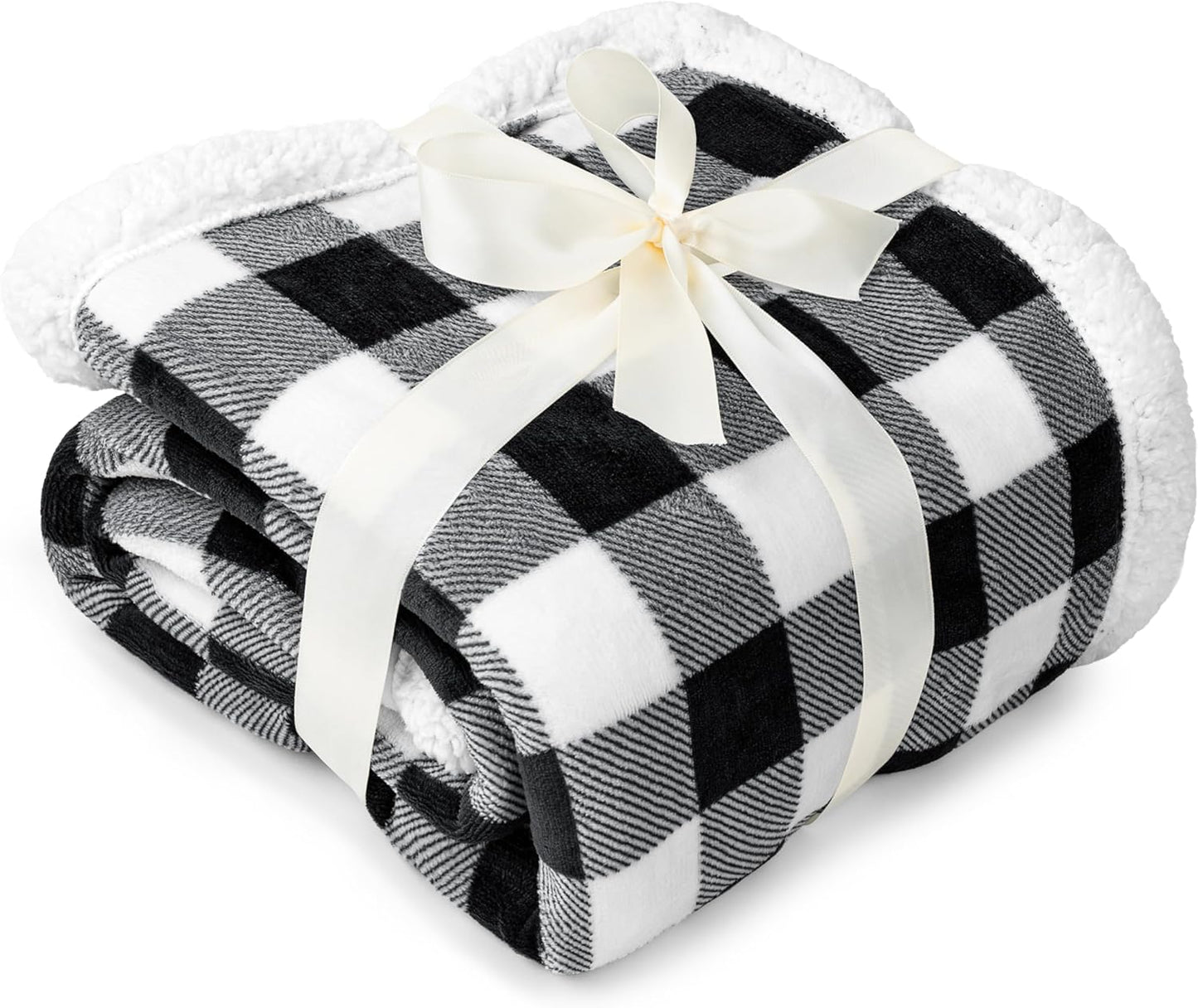 Black White Buffalo Plaid Sherpa Bed Blanket Queen, Plush Checkered Fleece, Soft Fuzzy Flannel Large for Couch Sofa, Warm Heavy Thick Winter Gift, 90X90