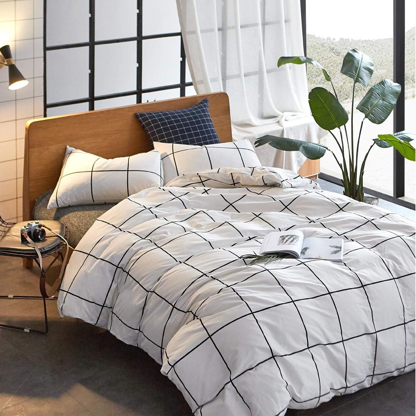 Queen Duvet Cover Set White Plaid Grid Bedding Sets White Comforter Cover Set White Duvet Cover Queen with 2 X Pillow Cases