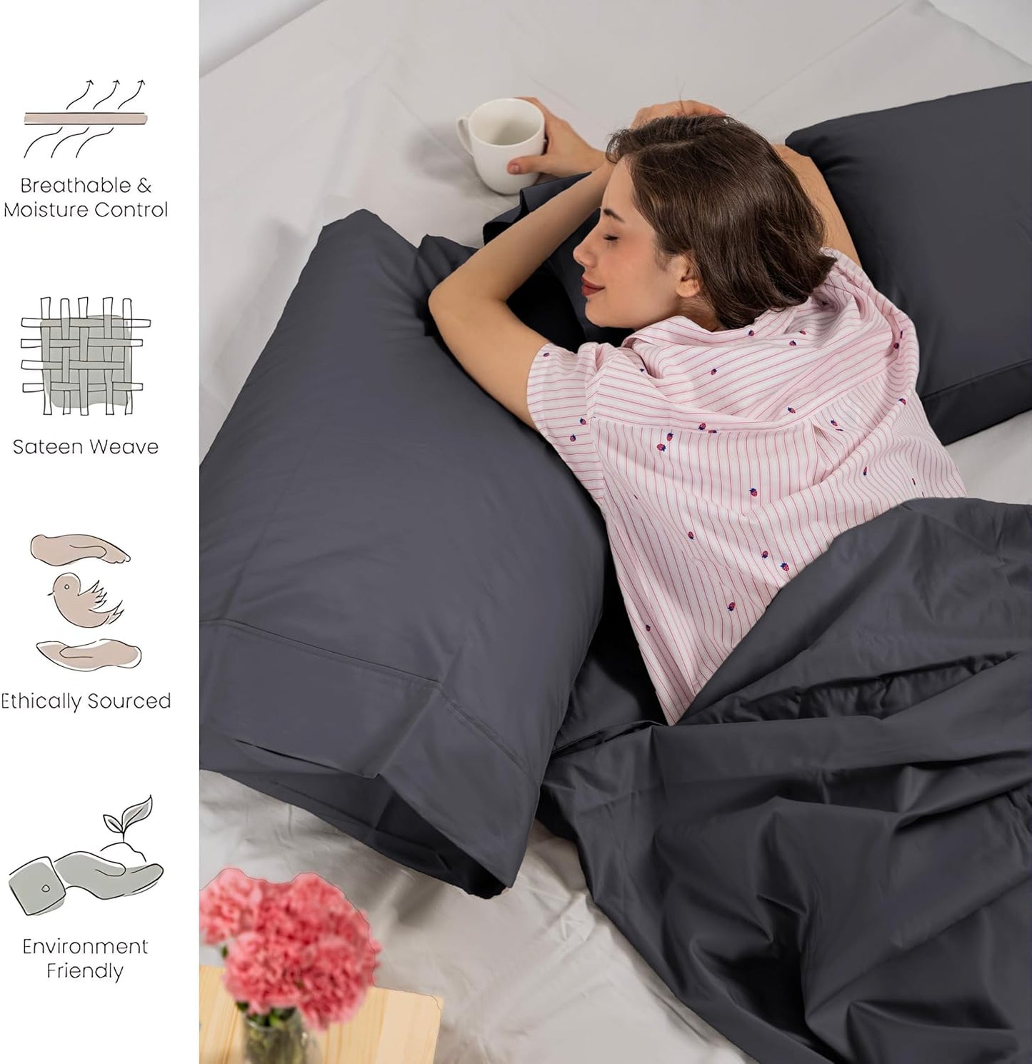 800 TC Ultrafine Cotton Sheet Set - King Size Sateen Sheets | 4 Piece Long Staple Cotton Bedding Set with Elasticized 15.5" Deep Pocket - Soft, Breathable Luxury Sheets - Dark Grey