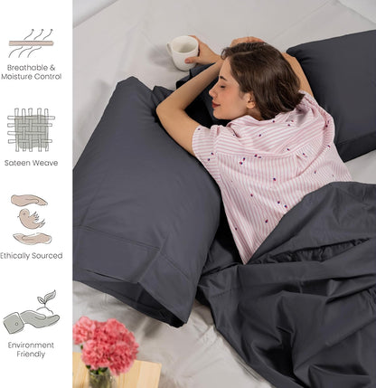 800 TC Ultrafine Cotton Sheet Set - King Size Sateen Sheets | 4 Piece Long Staple Cotton Bedding Set with Elasticized 15.5" Deep Pocket - Soft, Breathable Luxury Sheets - Dark Grey
