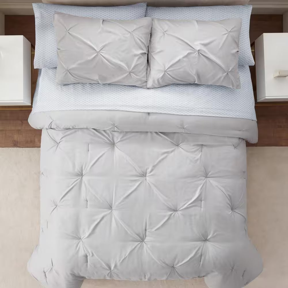 Simply Clean 7 Piece Pleated Bedding Set with Comforter, Bed Pillow Shams and Sheets, Full Set - Grey