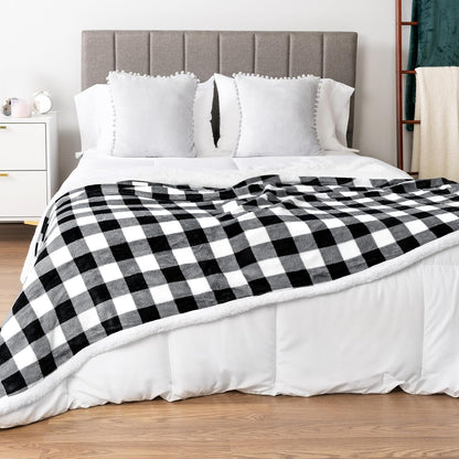 Black White Buffalo Plaid Sherpa Bed Blanket Queen, Plush Checkered Fleece, Soft Fuzzy Flannel Large for Couch Sofa, Warm Heavy Thick Winter Gift, 90X90