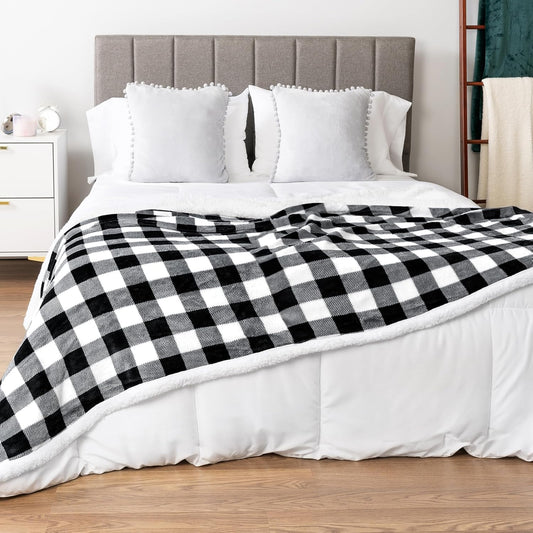 Black White Buffalo Plaid Sherpa Bed Blanket Queen, Plush Checkered Fleece, Soft Fuzzy Flannel Large for Couch Sofa, Warm Heavy Thick Winter Gift, 90X90