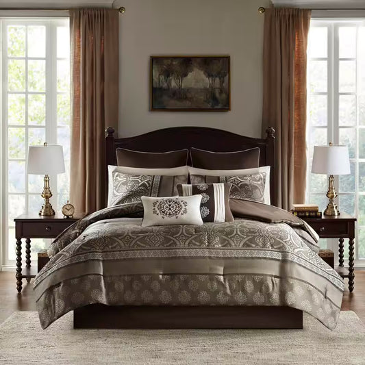 Alexine 16-Piece Brown Polyester Queen Comforter Set