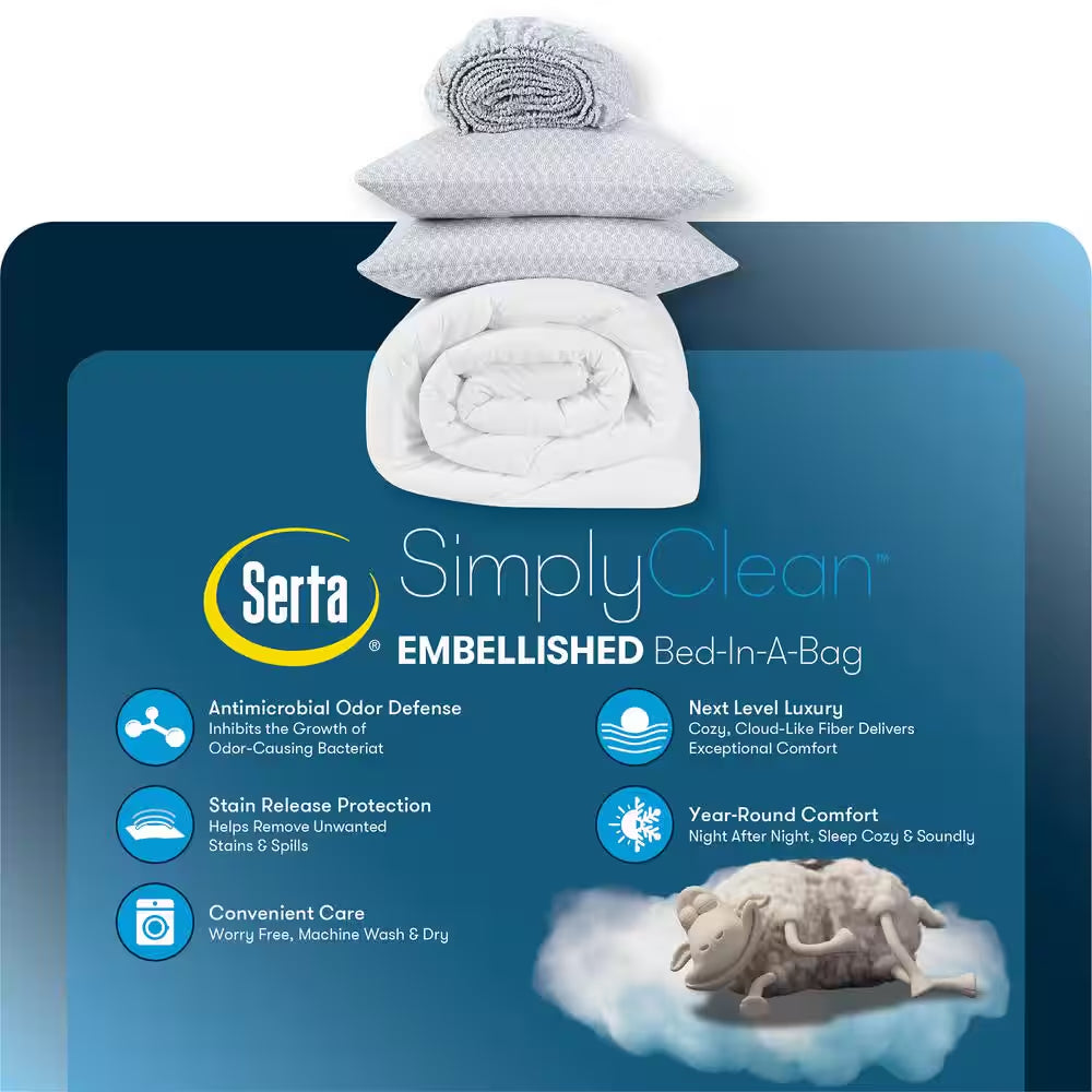 Simply Clean 7 Piece Pleated Bedding Set with Comforter, Bed Pillow Shams and Sheets, Full Set - Grey