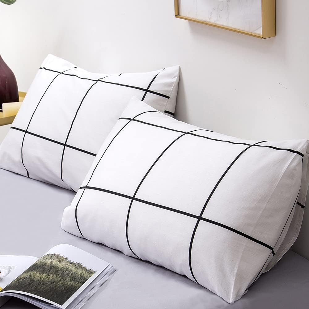 Queen Duvet Cover Set White Plaid Grid Bedding Sets White Comforter Cover Set White Duvet Cover Queen with 2 X Pillow Cases