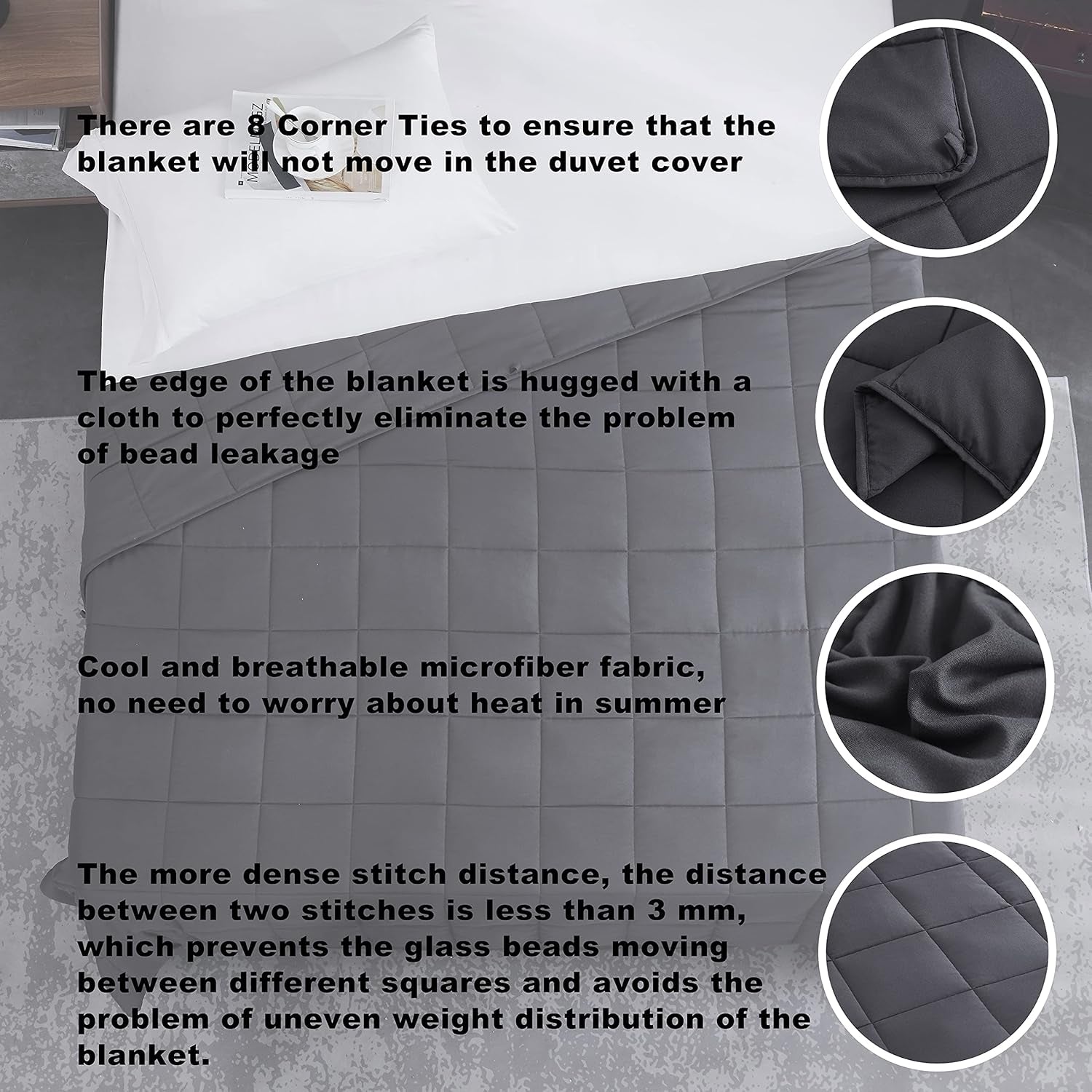 Weighted Blanket for Adults- Dark Grey, 48"X72", 15Lbs, Twin Full Size Heavy Throw Blanket, Cooling, Breathable, Microfiber with Glass Beads, Big, Washable, All-Season