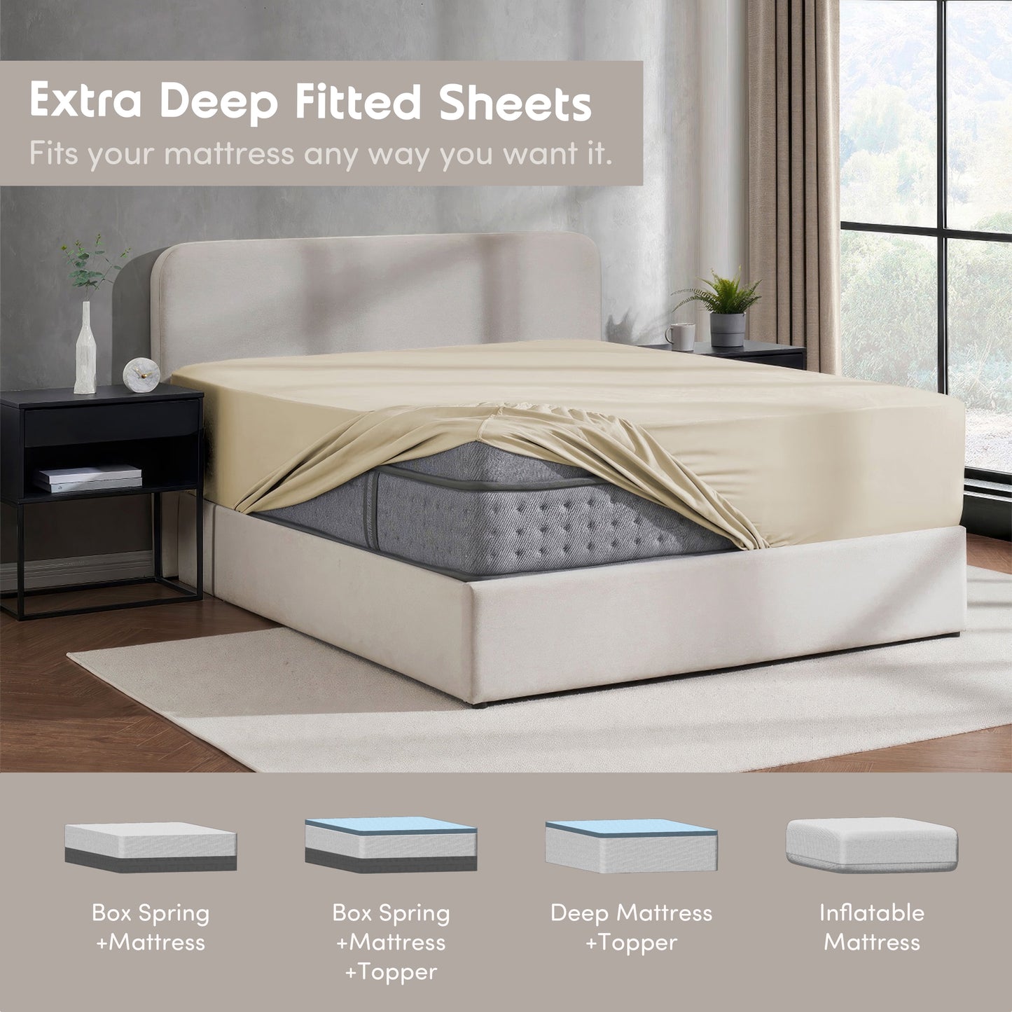 Extra Deep Pocket King Fitted Sheet Only, Fits 18" to 24" Mattress, Soft Microfiber Fitted Bed Sheet, Beige Cream