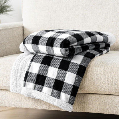Black White Buffalo Plaid Sherpa Bed Blanket Queen, Plush Checkered Fleece, Soft Fuzzy Flannel Large for Couch Sofa, Warm Heavy Thick Winter Gift, 90X90