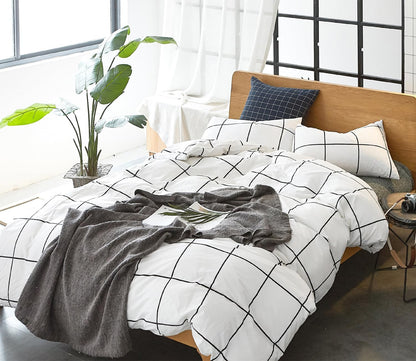 Queen Duvet Cover Set White Plaid Grid Bedding Sets White Comforter Cover Set White Duvet Cover Queen with 2 X Pillow Cases