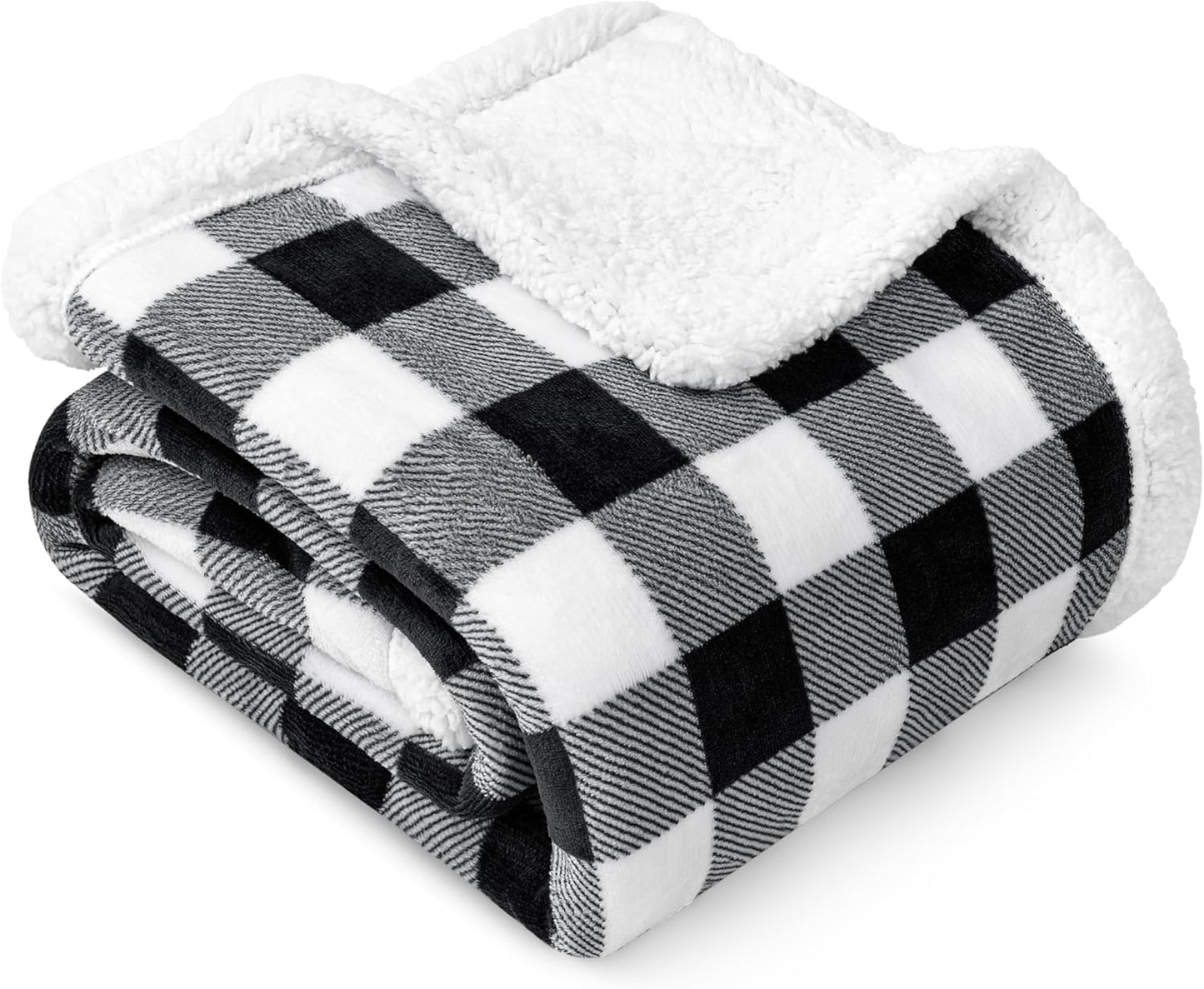Black White Buffalo Plaid Sherpa Bed Blanket Queen, Plush Checkered Fleece, Soft Fuzzy Flannel Large for Couch Sofa, Warm Heavy Thick Winter Gift, 90X90