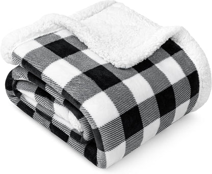 Black White Buffalo Plaid Sherpa Bed Blanket Queen, Plush Checkered Fleece, Soft Fuzzy Flannel Large for Couch Sofa, Warm Heavy Thick Winter Gift, 90X90