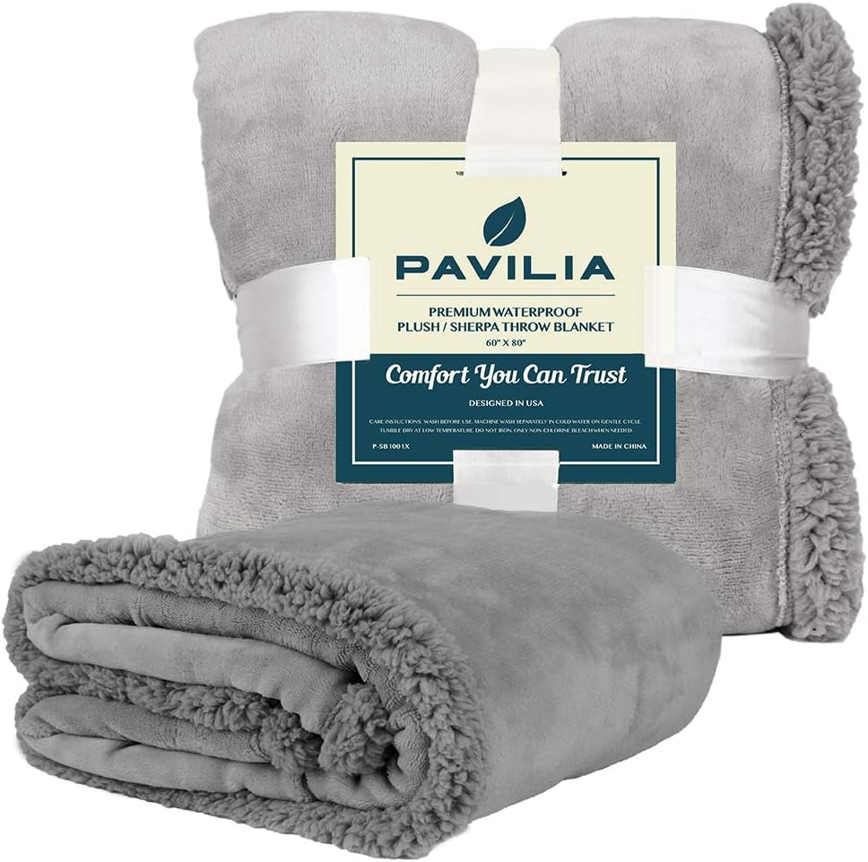 Waterproof Blanket for Couch, Sofa | Waterproof Dog Blanket for Large Dog, Puppy, Cat | Pet Blanket Protector | Plush Soft Warm Fuzzy Sherpa Blanket Bed Throw, Light Grey, 60X80