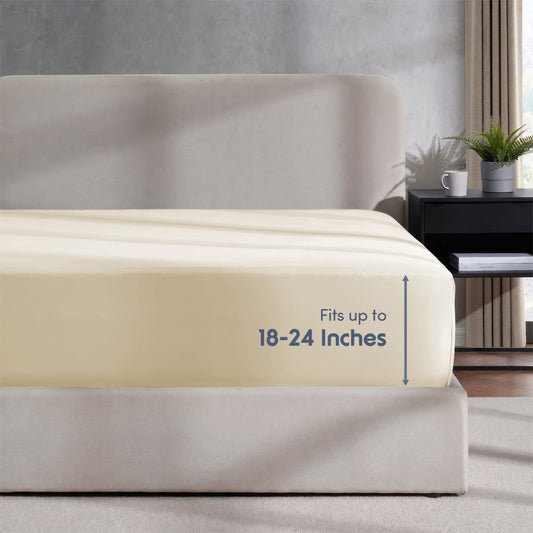 Extra Deep Pocket King Fitted Sheet Only, Fits 18" to 24" Mattress, Soft Microfiber Fitted Bed Sheet, Beige Cream