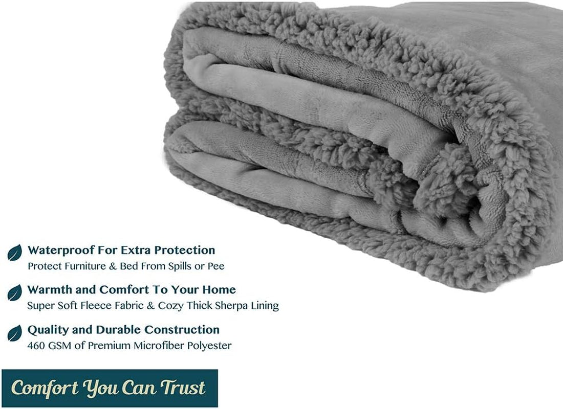Waterproof Blanket for Couch, Sofa | Waterproof Dog Blanket for Large Dog, Puppy, Cat | Pet Blanket Protector | Plush Soft Warm Fuzzy Sherpa Blanket Bed Throw, Light Grey, 60X80