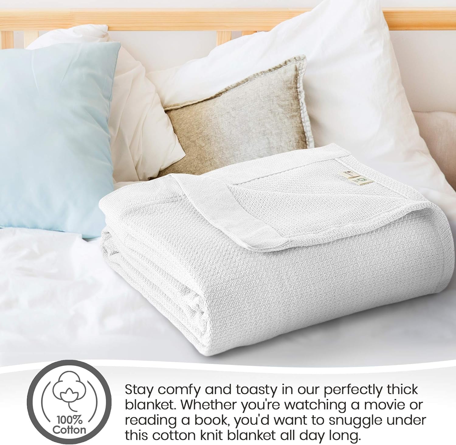 100% Organic Cotton Blanket - GOTS & Fairtrade Certified Organic Cotton Throw Blanket for Bed with Soft Warm & Breathable Single Knit Weave - Great as Bedspread or Coverlet (White, Twin)