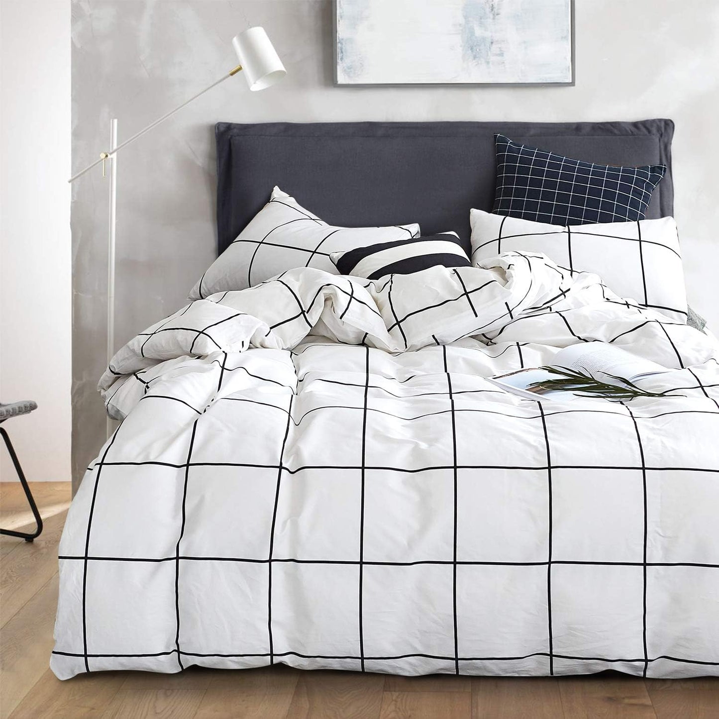 Queen Duvet Cover Set White Plaid Grid Bedding Sets White Comforter Cover Set White Duvet Cover Queen with 2 X Pillow Cases