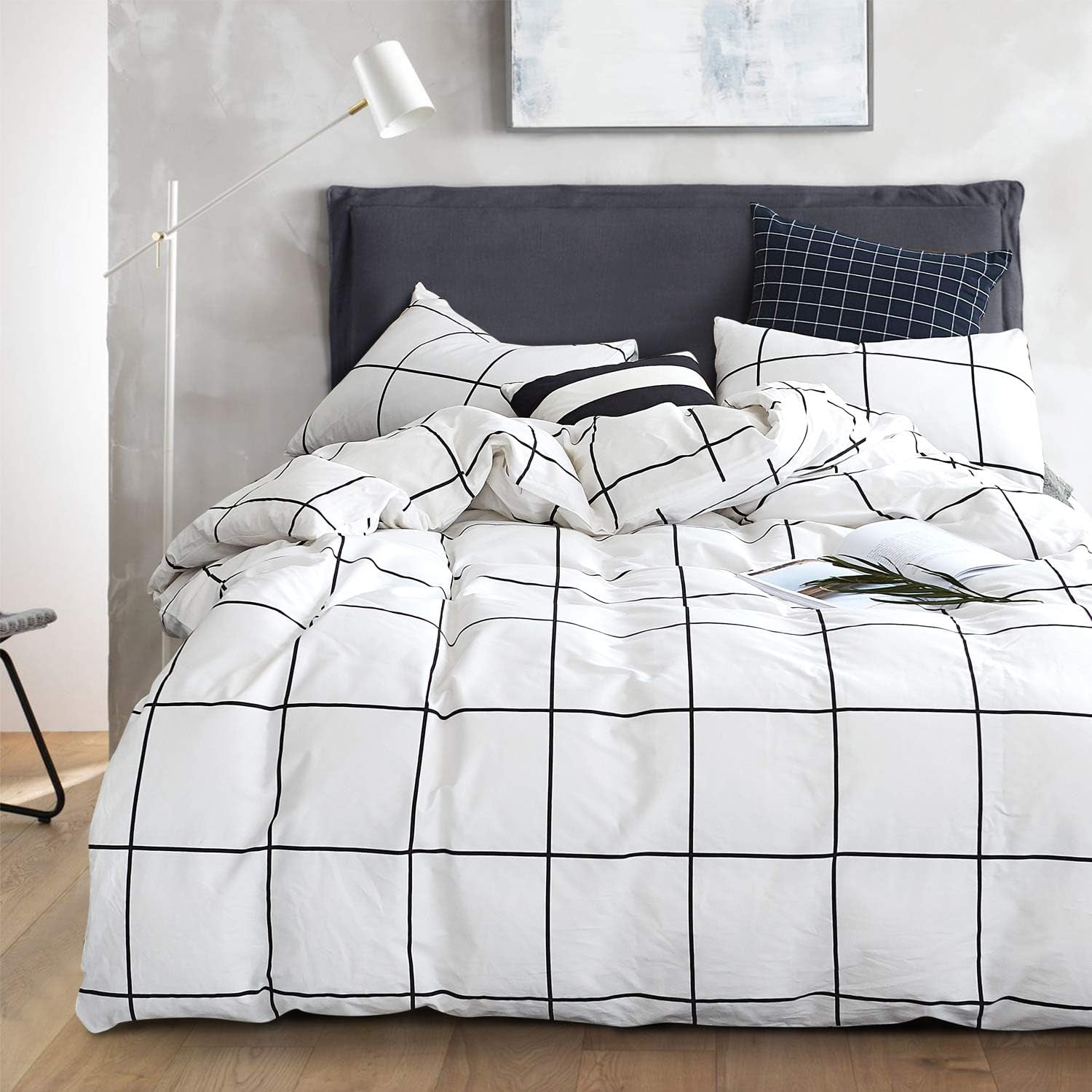 Queen Duvet Cover Set White Plaid Grid Bedding Sets White Comforter Cover Set White Duvet Cover Queen with 2 X Pillow Cases