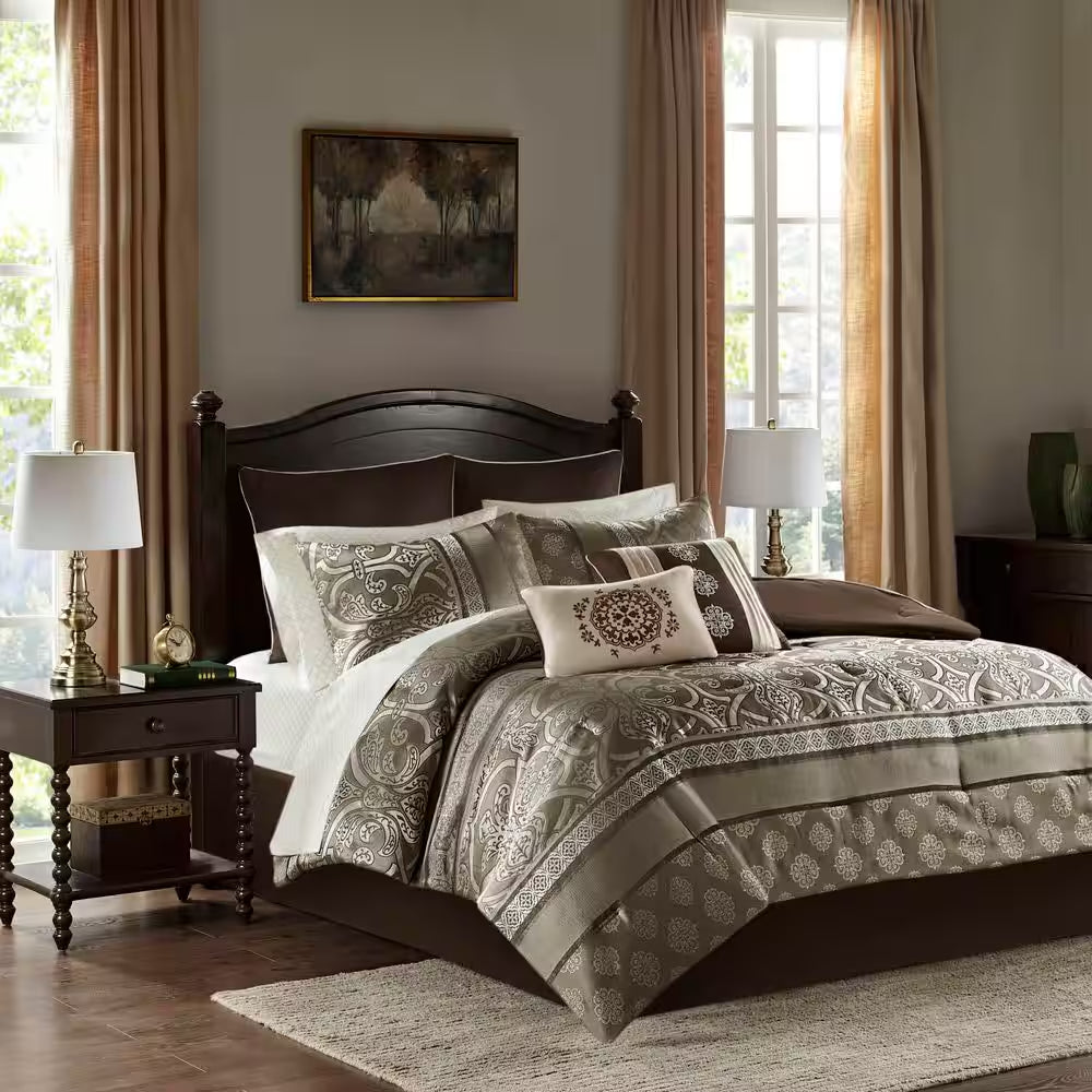 Alexine 16-Piece Brown Polyester Queen Comforter Set