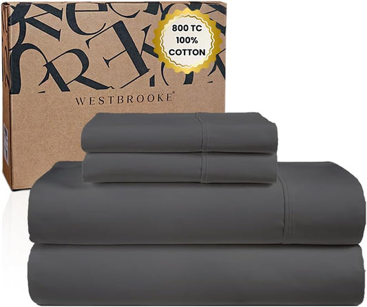 800 TC Ultrafine Cotton Sheet Set - King Size Sateen Sheets | 4 Piece Long Staple Cotton Bedding Set with Elasticized 15.5" Deep Pocket - Soft, Breathable Luxury Sheets - Dark Grey